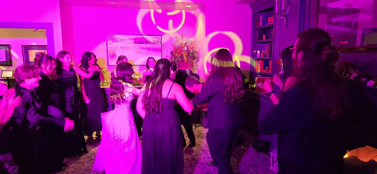Wedding dance floor with magenta gobo lighting at Granite Bay Golf Club, Granite Bay CA