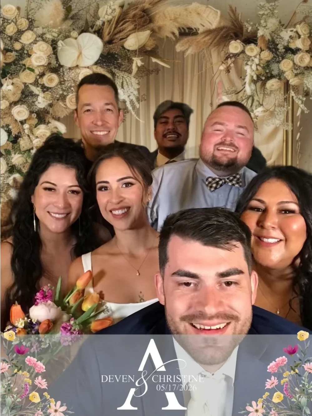 Group of guests posing with a custom overlay at the J Crew digital LED photo booth
